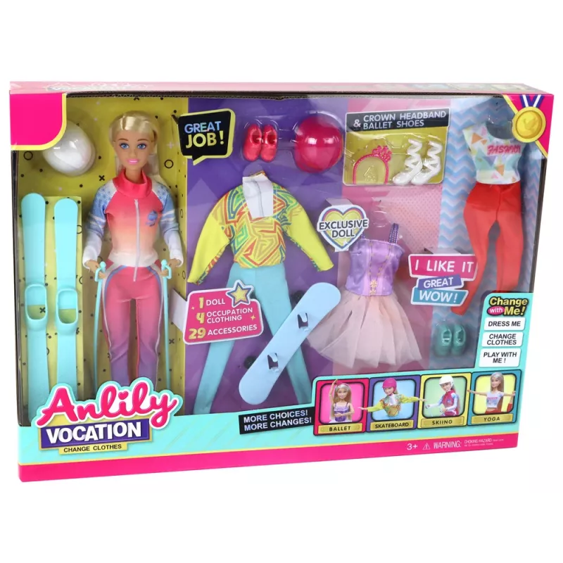 LEAN TOYS Anlily detská bábika 4 športové lyžiarske príslušenstvo