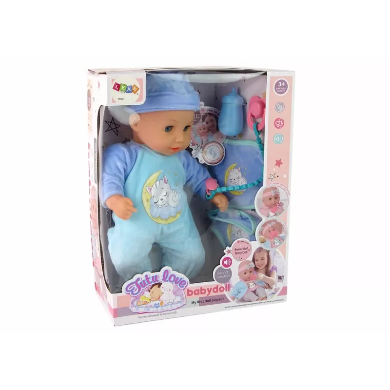 LEAN TOYS bábika so zvukom cumlík podbradník modrá mačka pyžamo