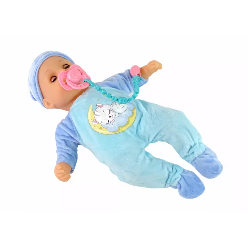 LEAN TOYS bábika so zvukom cumlík podbradník modrá mačka pyžamo
