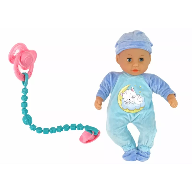 LEAN TOYS bábika so zvukom cumlík podbradník modrá mačka pyžamo