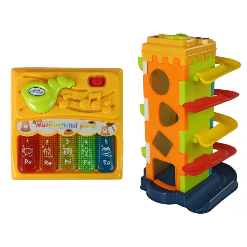 LEAN TOYS guľôčková šmykľavka vzdelávací triedič blokov s klavírom
