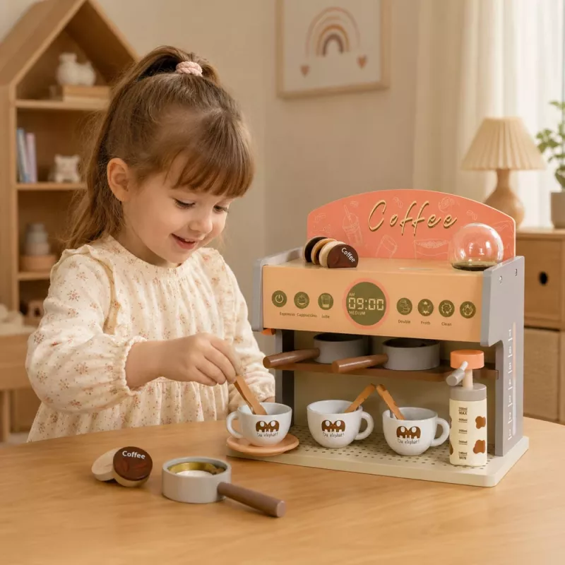LEAN TOYS baristická sada kávovar drevené doplnky ružová