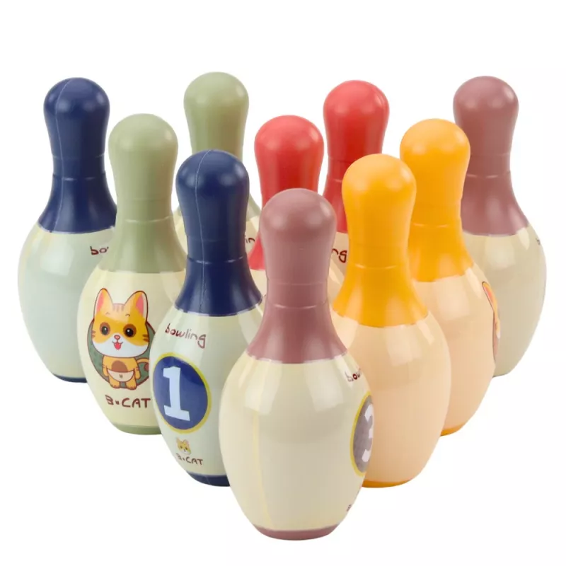 LEAN TOYS bowlingová sada s mačkami pre deti, 10 bowlingových kolkov, 2 farebné gule