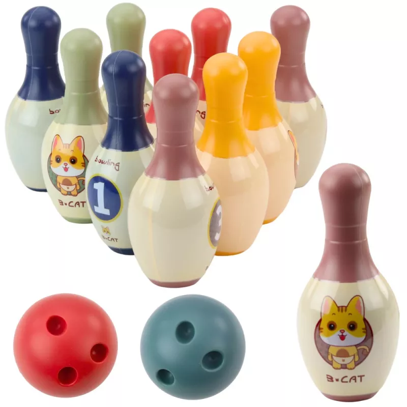 LEAN TOYS bowlingová sada s mačkami pre deti, 10 bowlingových kolkov, 2 farebné gule
