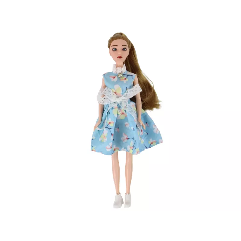 LEAN TOYS Detská bábika Emily jar s dlhými vlasmi, modrými šatami a mačiatkom