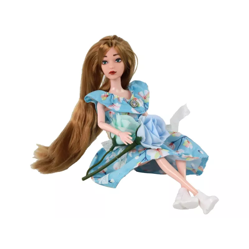 LEAN TOYS Detská bábika Emily jar s dlhými vlasmi a modrými kvetinami šaty