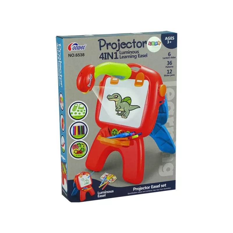 LEAN TOYS obojstranná tabuľa s kriedovými fixkami, stojanom a projektorom na obrázky, červená