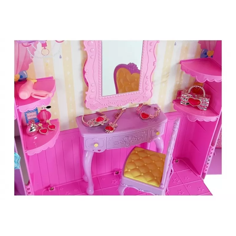 LEAN TOYS Šatňa so svetlom a zrkadlom pre 26 cm bábiky - súprava šiat a doplnkov