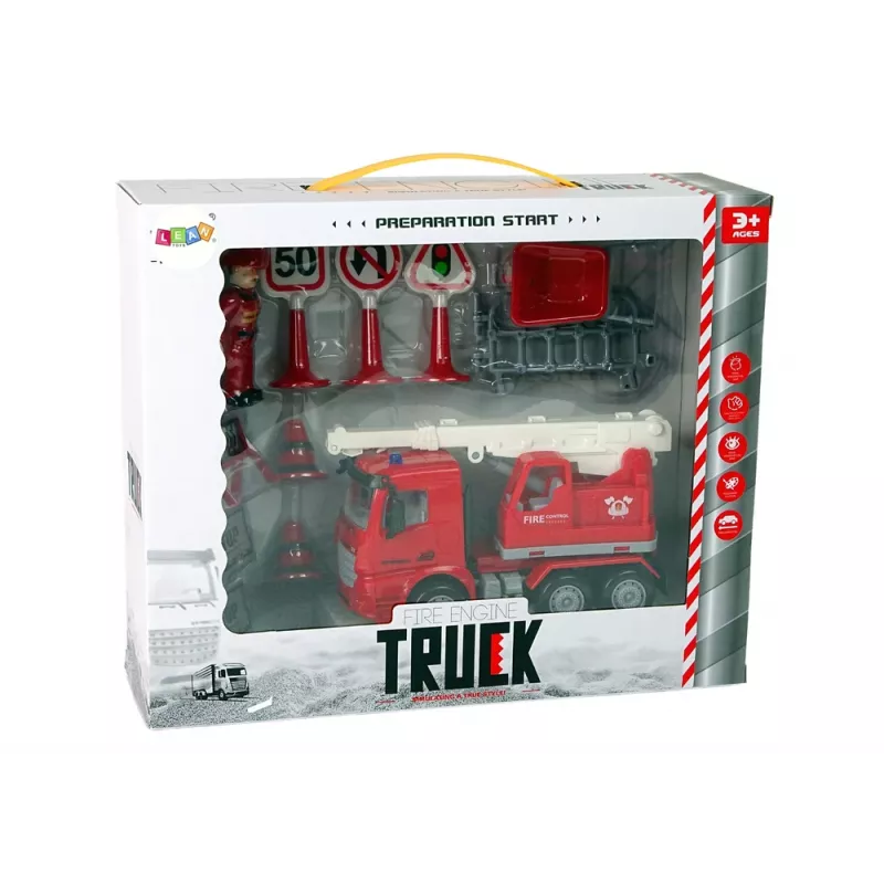LEAN TOYS hasičská súprava so žeriavom, dopravnými značkami a hasičom