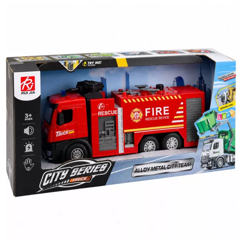 LEAN TOYS hasičské auto s vodnou funkciou, kovová kabína, svetlá, zvuky 1:12