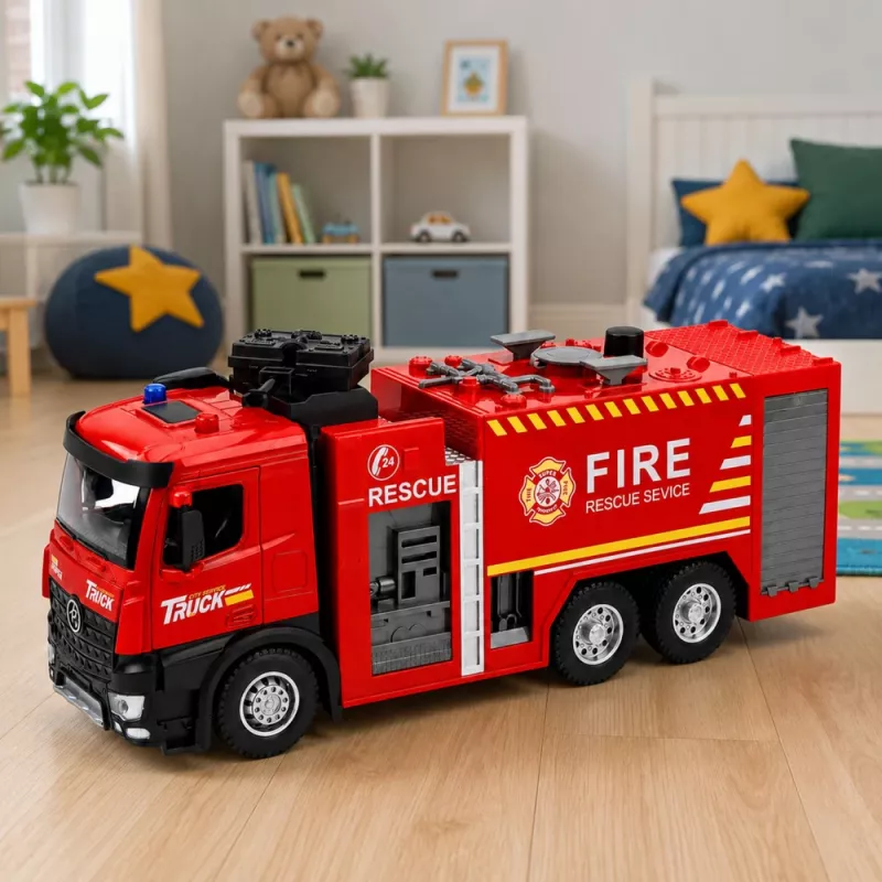 LEAN TOYS hasičské auto s vodnou funkciou, kovová kabína, svetlá, zvuky 1:12