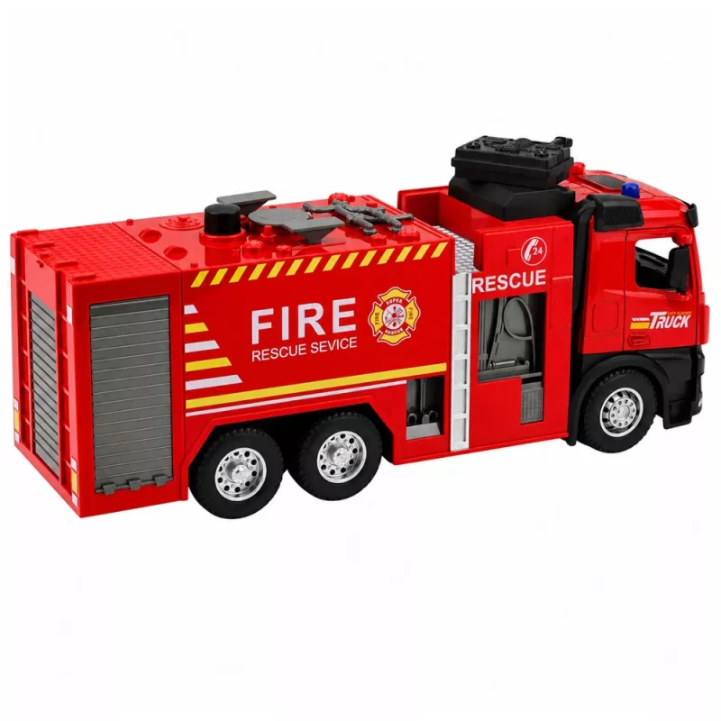 LEAN TOYS hasičské auto s vodnou funkciou, kovová kabína, svetlá, zvuky 1:12
