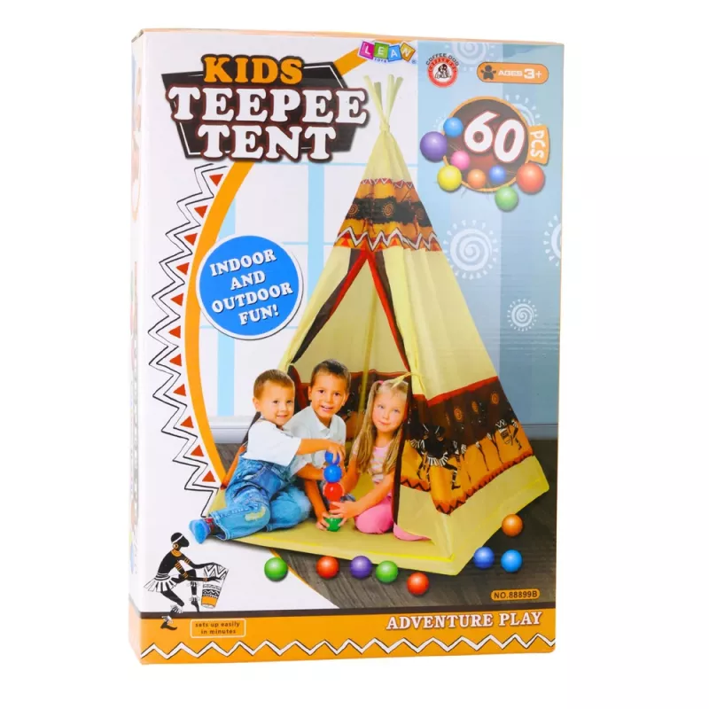 LEAN TOYS Indiánske teepee stan pre deti + 60 loptičiek 155 cm