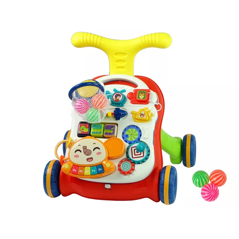 LEAN TOYS interaktívne chodítko pre bábätká 2-in-1 stôl červený