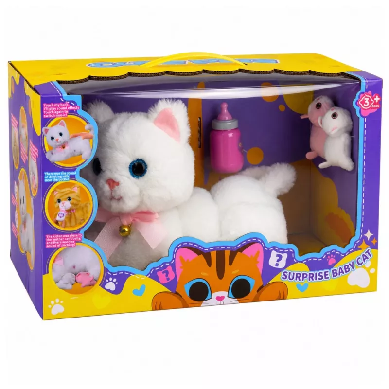 LEAN TOYS interaktívne mačiatko s fľaštičkou a malými zvukmi melódiami nahrávanie biela