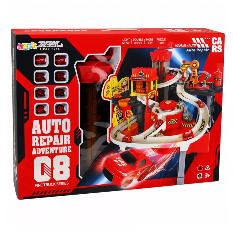 LEAN TOYS interaktívne parkovacie domček s umyvárňou a dielňou – hasičská sada s 8 autami