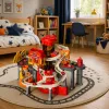 LEAN TOYS interaktívne parkovacie domček s umyvárňou a dielňou – hasičská sada s 8 autami
