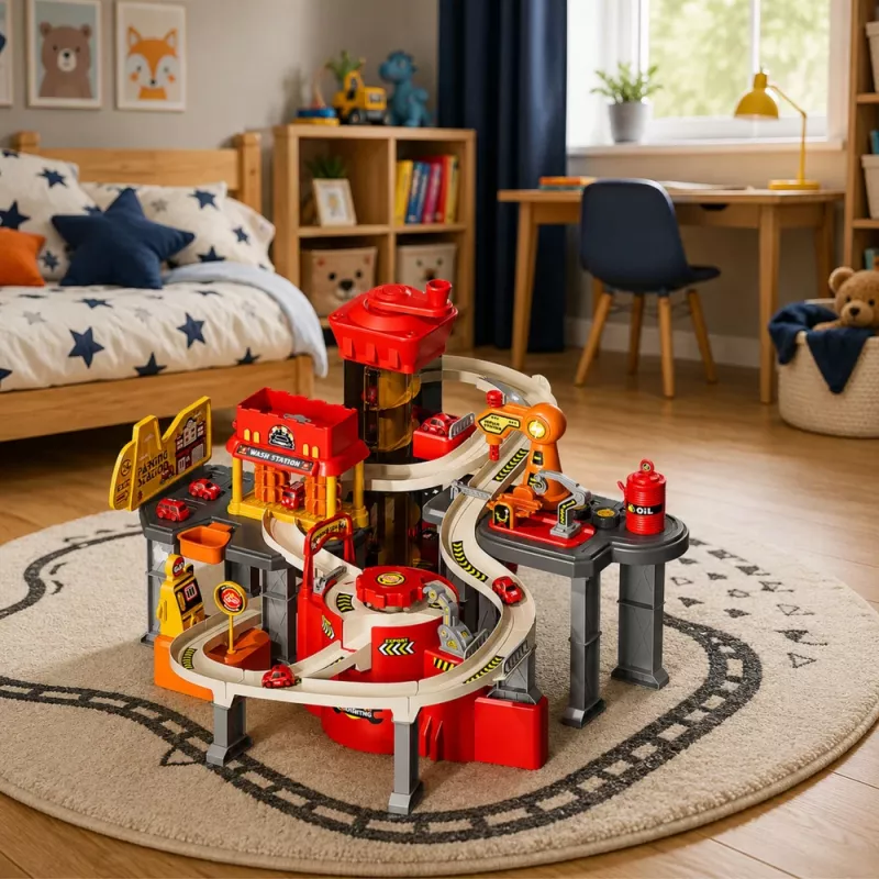 LEAN TOYS interaktívne parkovacie domček s umyvárňou a dielňou – hasičská sada s 8 autami