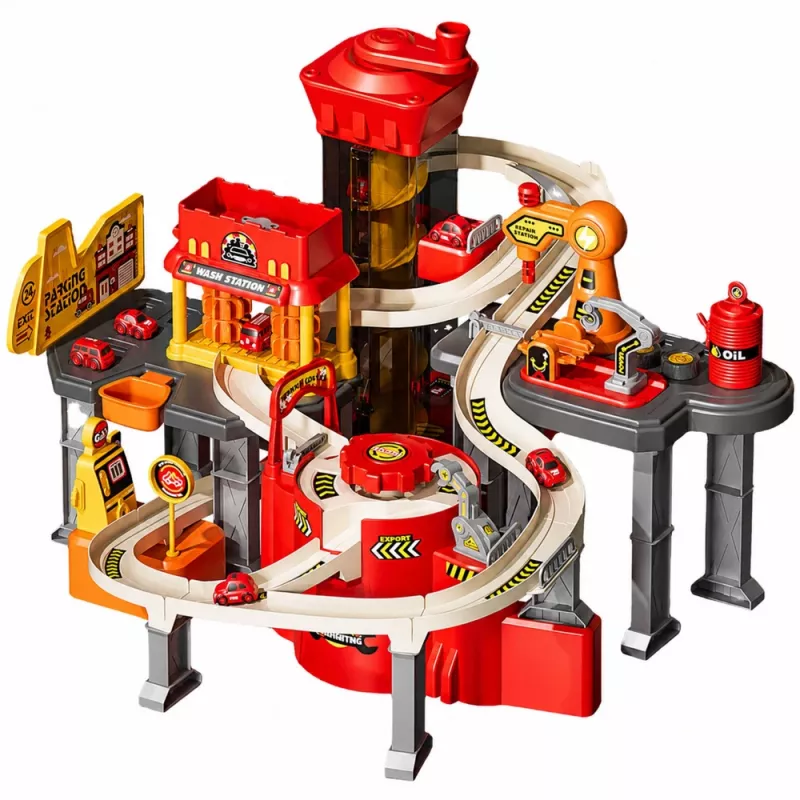 LEAN TOYS interaktívne parkovacie domček s umyvárňou a dielňou – hasičská sada s 8 autami