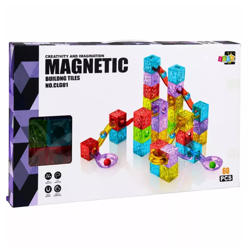 LEAN TOYS magnetické stavebnice 60 ks - farebná kocková guľová dráha