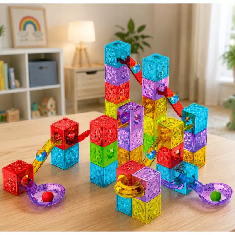 LEAN TOYS magnetické stavebnice 60 ks - farebná kocková guľová dráha