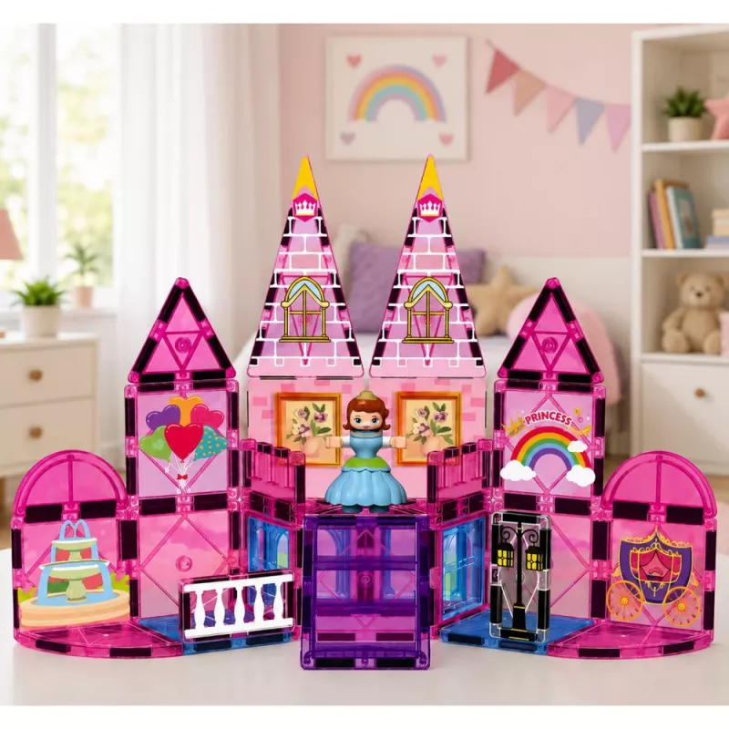 LEAN TOYS Magnetické stavebné bloky princeznovský zámok ružový 38 kusov
