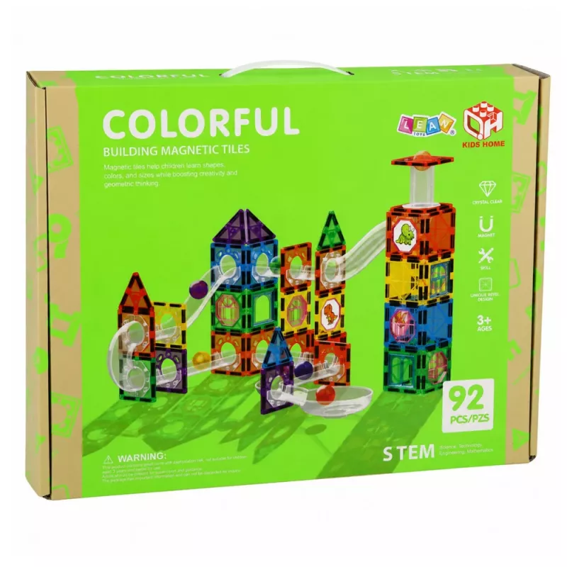 LEAN TOYS magnetické konštrukčné bloky set koľajníc s STEM loptičkami a dinosaurami – 92 dielov
