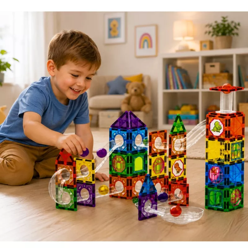 LEAN TOYS magnetické konštrukčné bloky set koľajníc s STEM loptičkami a dinosaurami – 92 dielov