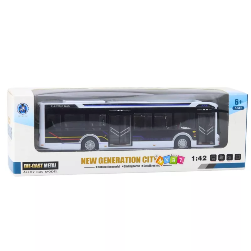 LEAN TOYS kovový mestský autobus biely 1:43 odlievaný model s naťahovacím motorčekom a otváracími dverami