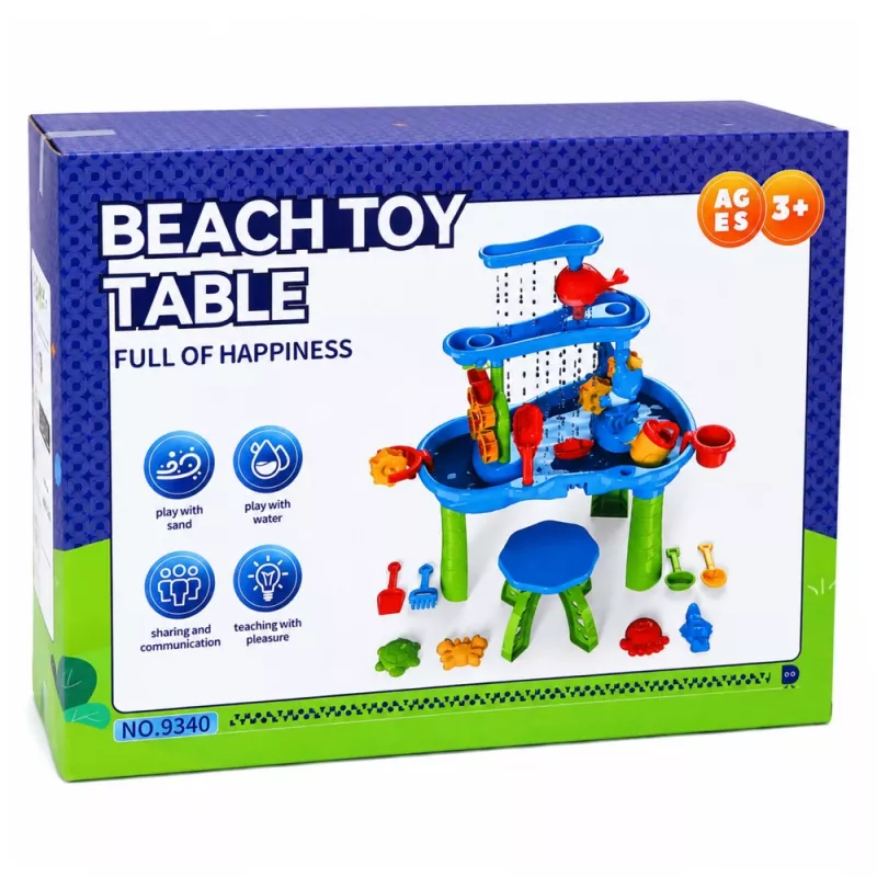 LEAN TOYS viacúrovňový vodný stôl s hracou plochou, stoličkou, príslušenstvom a formičkami, 63 cm