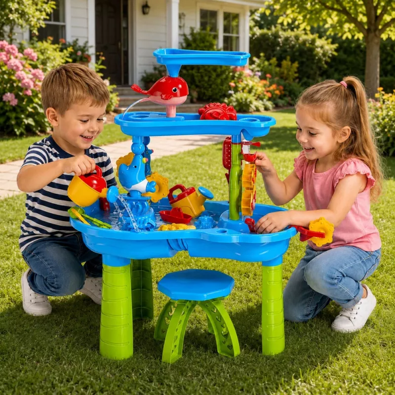 LEAN TOYS viacúrovňový vodný stôl s hracou plochou, stoličkou, príslušenstvom a formičkami, 63 cm