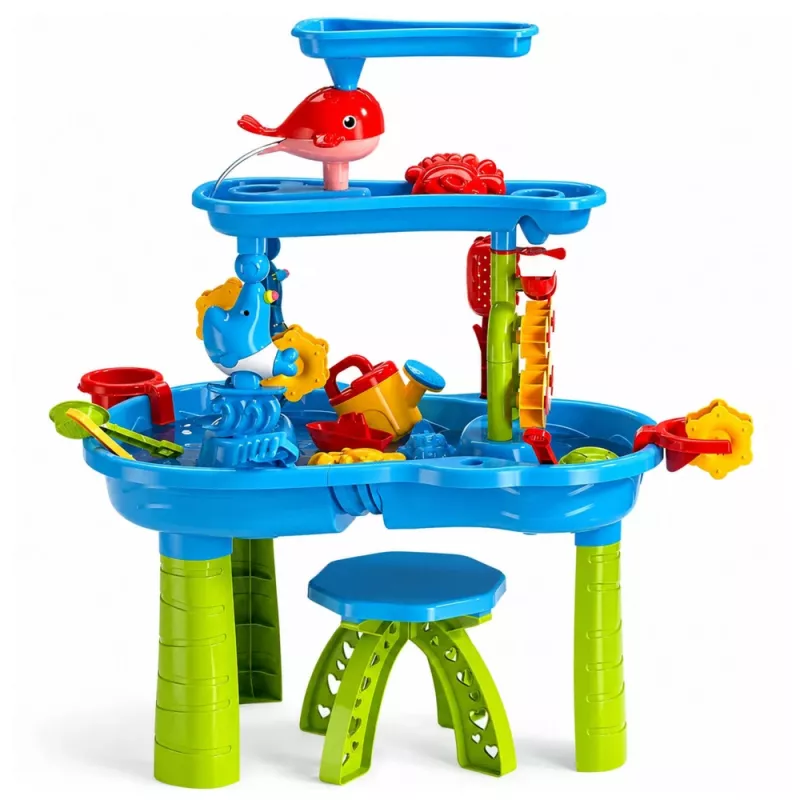 LEAN TOYS viacúrovňový vodný stôl s hracou plochou, stoličkou, príslušenstvom a formičkami, 63 cm