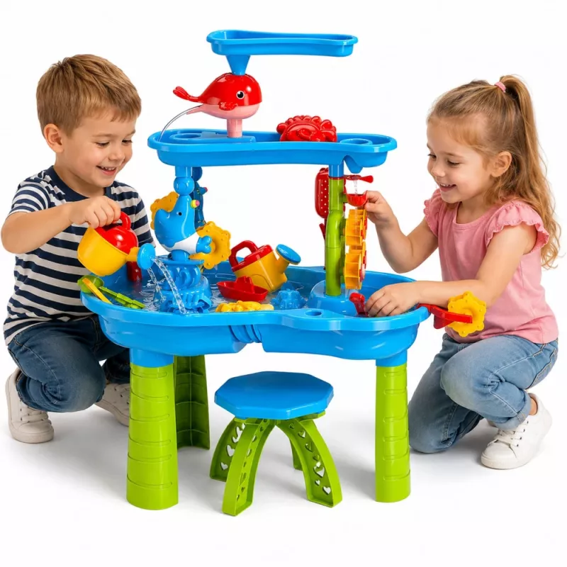 LEAN TOYS viacúrovňový vodný stôl s hracou plochou, stoličkou, príslušenstvom a formičkami, 63 cm