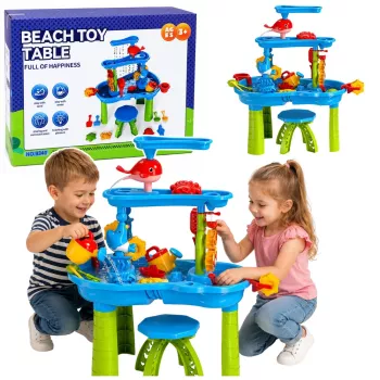 LEAN TOYS viacúrovňový vodný stôl s hracou plochou, stoličkou, príslušenstvom a formičkami, 63 cm