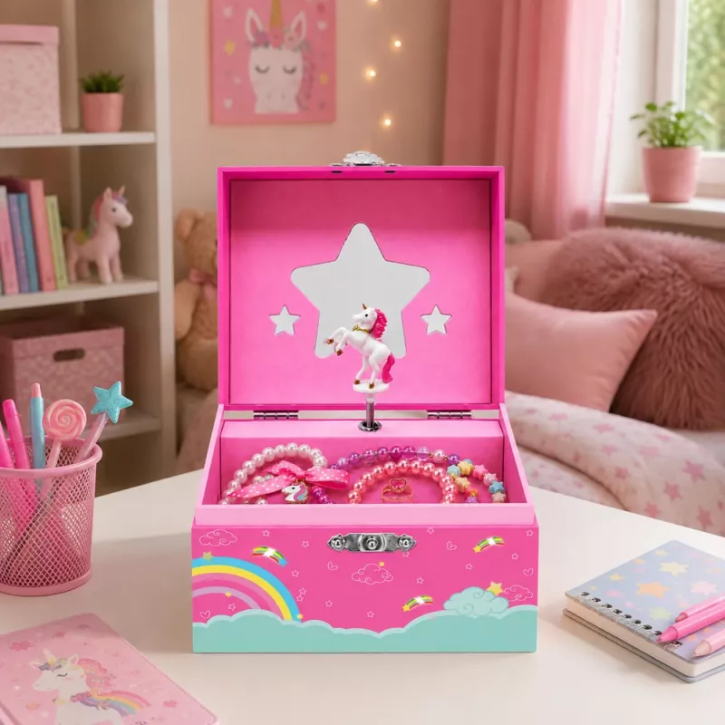 LEAN TOYS Hudobná skrinka šperkovnica rotujúci jednorožec ružová