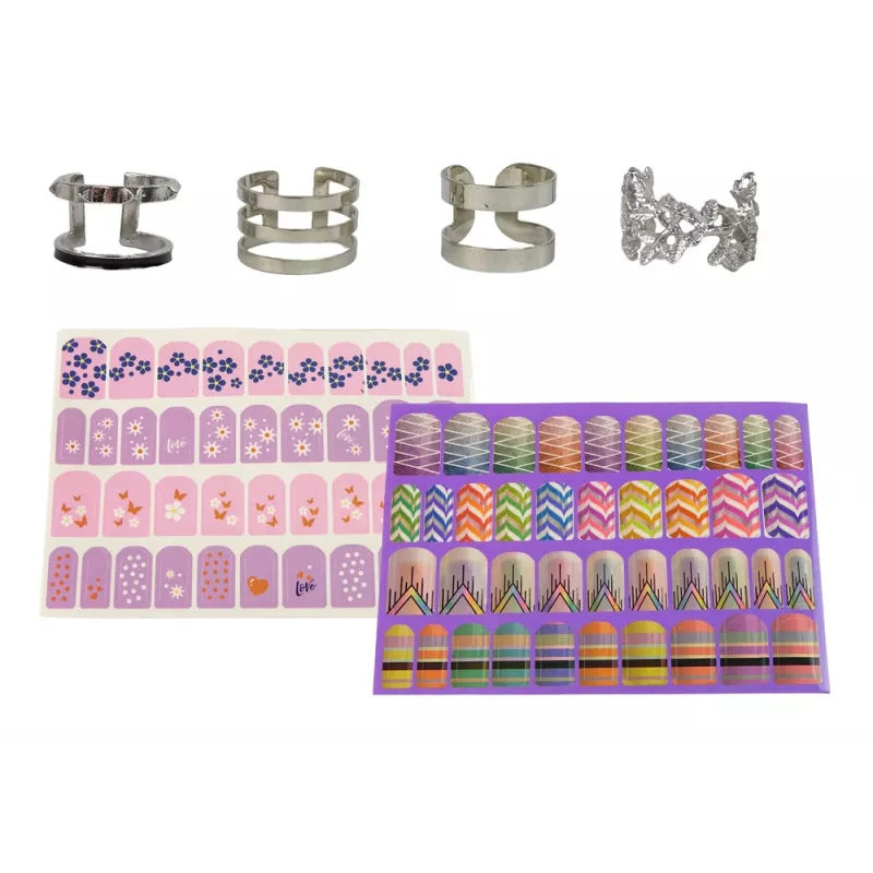 LEAN TOYS súprava na nechty s lakmi na nechty, trblietkami, samolepkami a prsteňmi