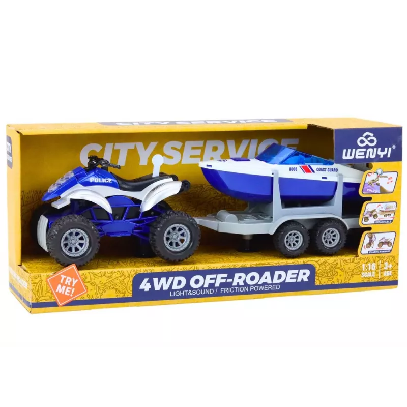 LEAN TOYS Policajné štvorkolka s prívesom a motorovým člnom