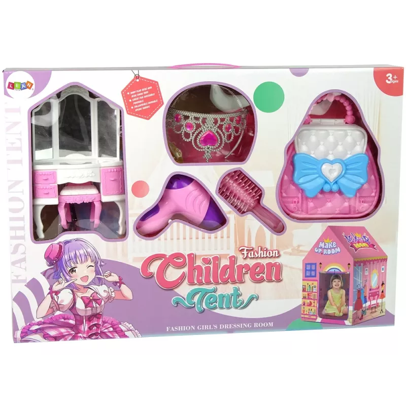 LEAN TOYS Princeznovský stan pre deti, beauty salón, ružový, príslušenstvo, koruna