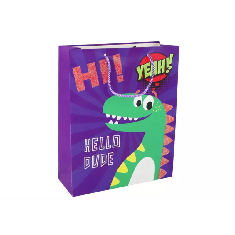 LEAN TOYS fialový dinosaurus papierová darčeková taška 32cm x 26cm x 10cm