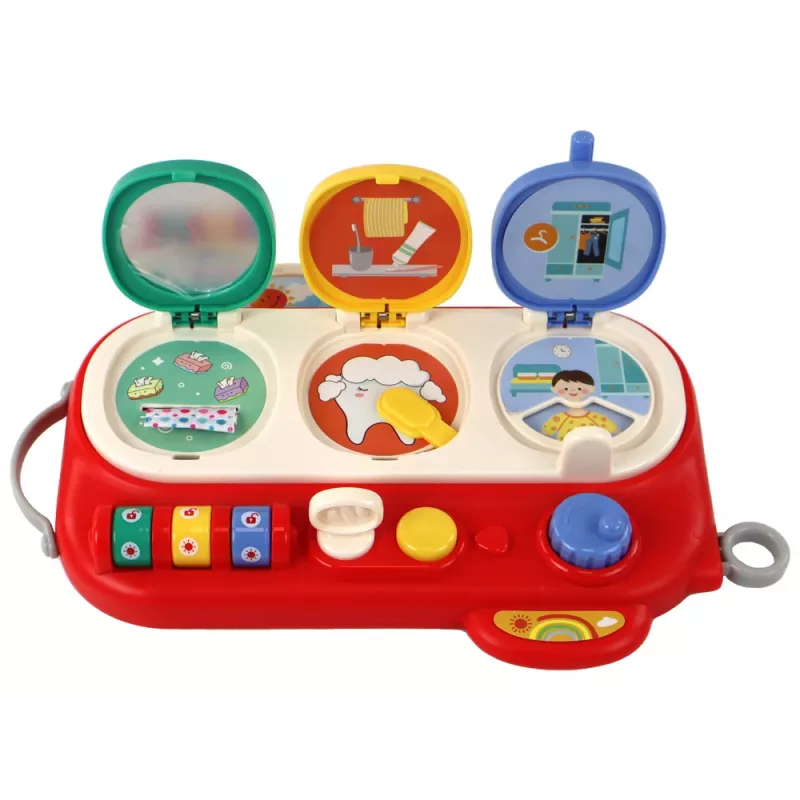 LEAN TOYS Červená senzorická vzdelávacia tabuľa pre deti - 12 aktivít drevená busy board