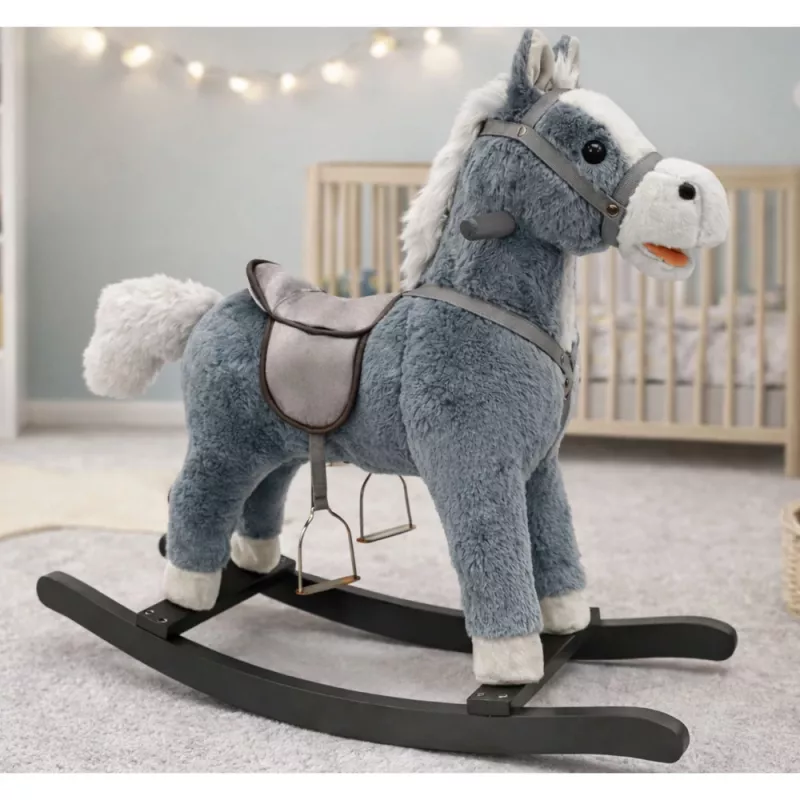 LEAN TOYS hojdací kôň so sedlom, opierkami na nohy, zvukmi, sivá, 74 cm