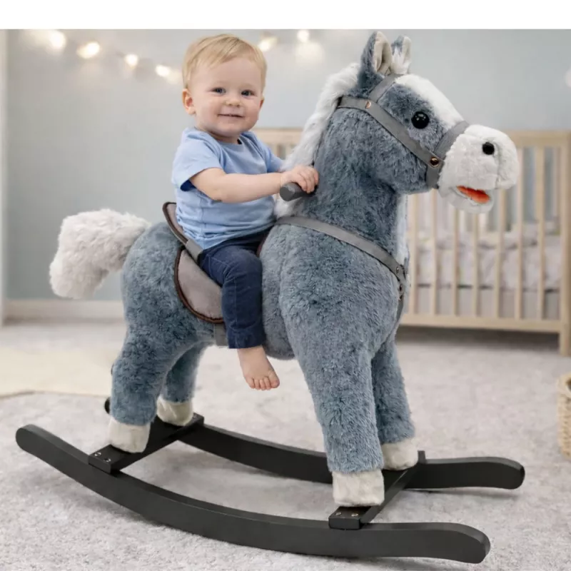 LEAN TOYS hojdací kôň so sedlom, opierkami na nohy, zvukmi, sivá, 74 cm