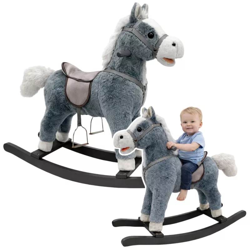 LEAN TOYS hojdací kôň so sedlom, opierkami na nohy, zvukmi, sivá, 74 cm