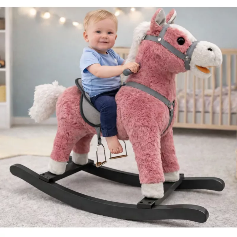 LEAN TOYS hojdací kôň so sedlom, nožnou hojdačkou, zvukmi, ružová, 74 cm