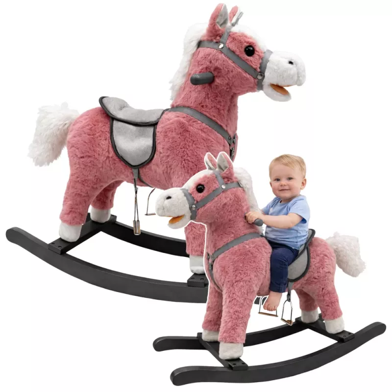 LEAN TOYS hojdací kôň so sedlom, nožnou hojdačkou, zvukmi, ružová, 74 cm