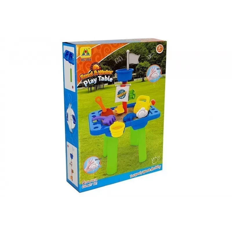 LEAN TOYS stolík do pieskoviska s formičkami, lopatkou, hrabličkami a obláčikom - viacfarebný