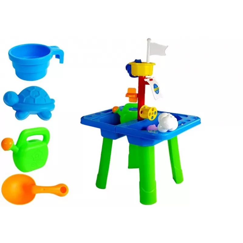 LEAN TOYS stolík do pieskoviska s formičkami, lopatkou, hrabličkami a obláčikom - viacfarebný