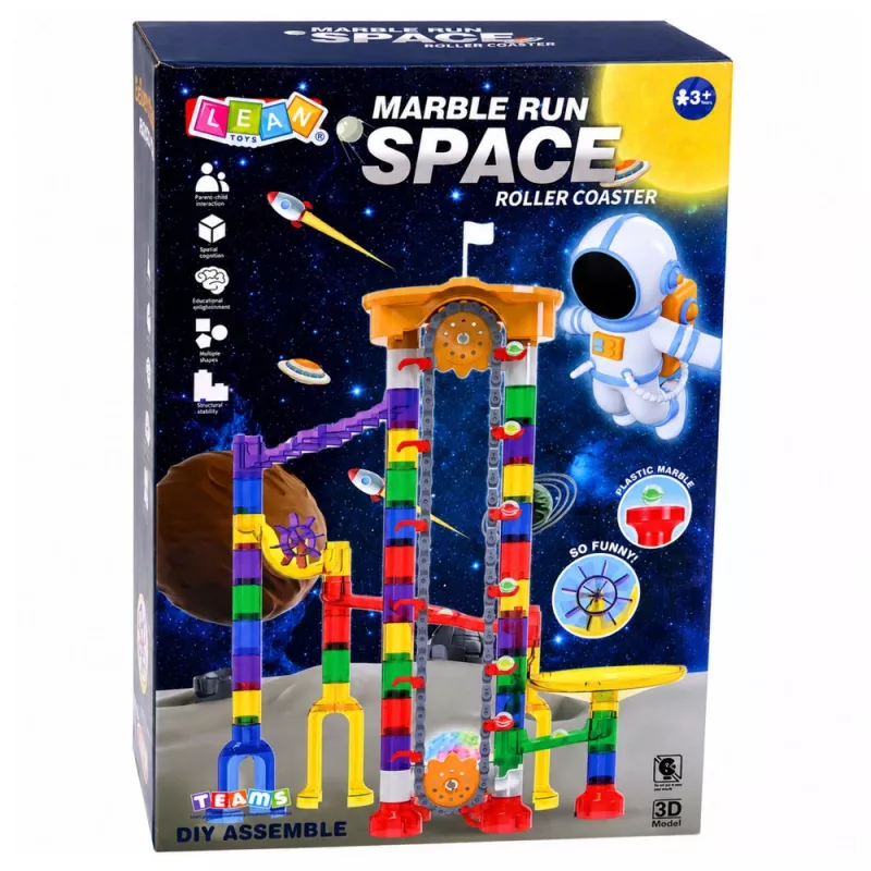 LEAN TOYS Space Track stavebné kocky 153 dielov - 3D farebná guľôčková dráha so tunelmi a loptičkami
