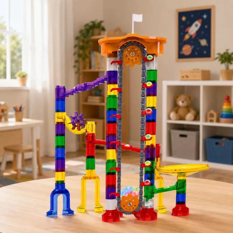 LEAN TOYS Space Track stavebné kocky 153 dielov - 3D farebná guľôčková dráha so tunelmi a loptičkami