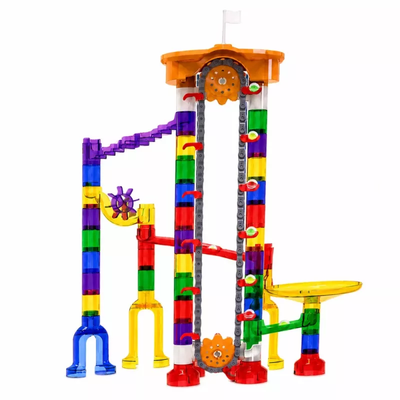 LEAN TOYS Space Track stavebné kocky 153 dielov - 3D farebná guľôčková dráha so tunelmi a loptičkami